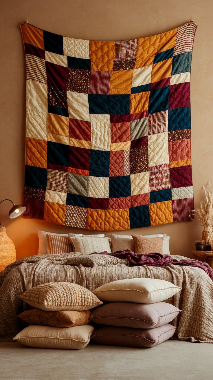 A boho-chic bedroom with a large patchwork quilt in jewel tones hanging above the bed, surrounded by textured pillows and throws, and stacked oversized floor cushions for a cozy, layered look.