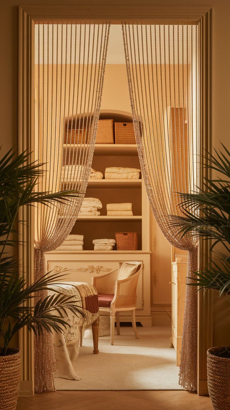 A softly lit dressing room or linen closet featuring sheer bead curtains, rolled towels on shelves, woven storage baskets, and elegant vintage furniture with gold detailing and a cane-back chair.