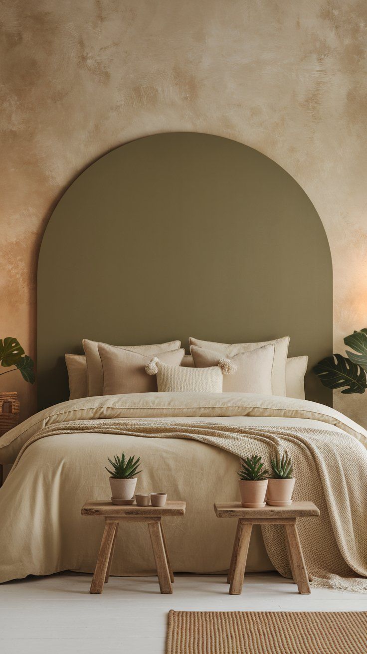 A minimal boho bedroom with a sage green arch painted behind a bed dressed in muted beige linens, complemented by natural wood benches topped with potted succulents for a calm, earthy vibe.