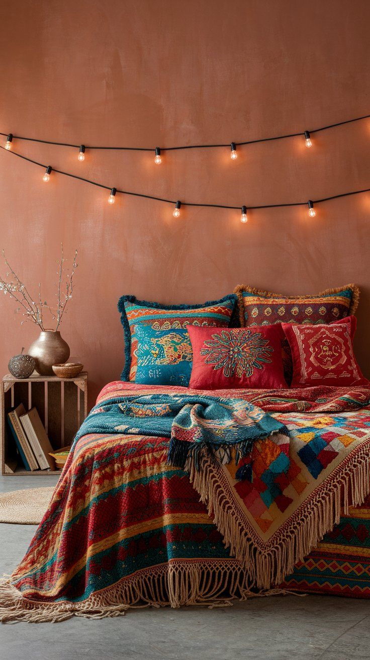 A warm-toned bedroom with colorful bohemian bedding in teal, red, and mustard hues, patterned throw pillows, and black string lights hanging against a terra cotta-colored wall for ambient glow.