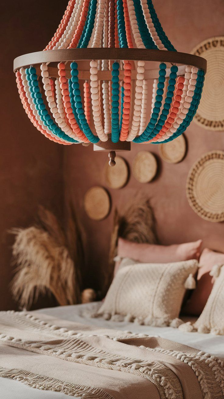 A close-up of a vibrant beaded chandelier in coral, teal, and ivory hanging over a bed with tasseled throw pillows and pampas grass, framed by textured woven wall art in a blush-toned boho room.