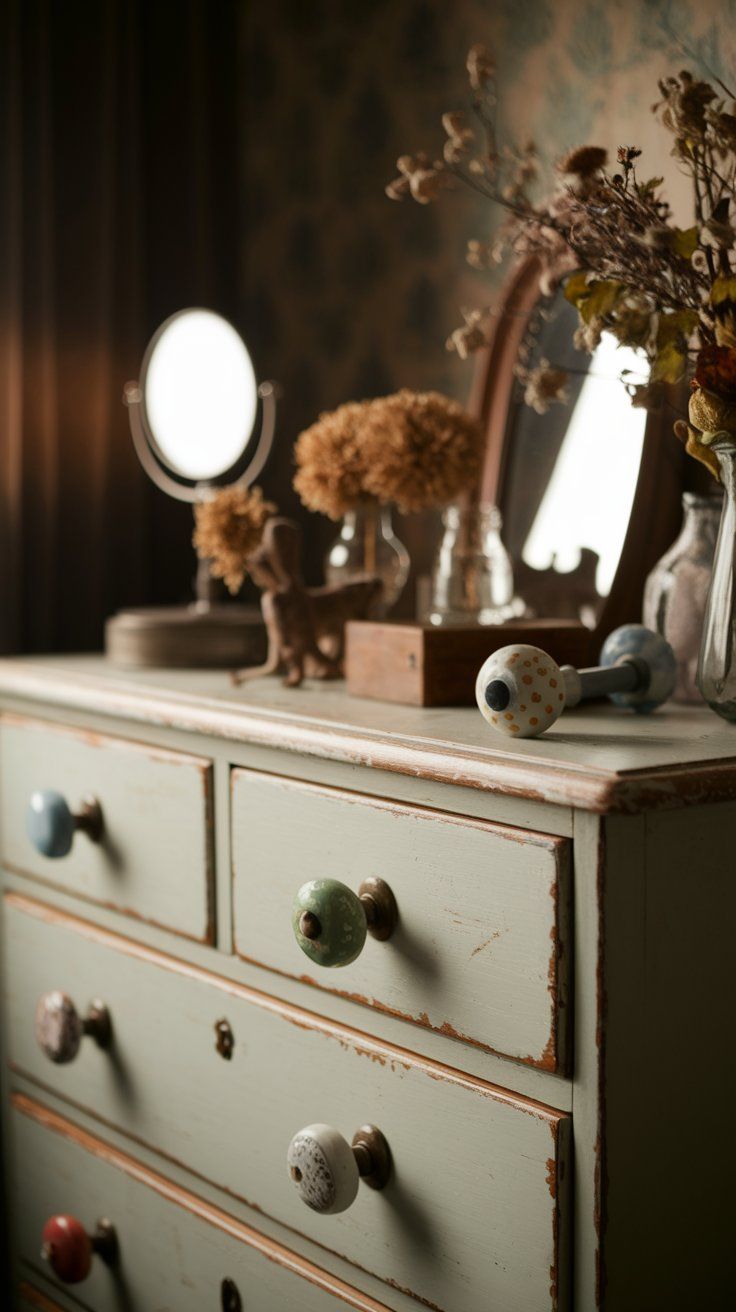 A vintage-style dresser with mismatched knobs in soft pastel hues, topped with dried flowers, antique mirrors, and trinkets, creating an old-soul, eclectic vibe with a moody, nostalgic tone.