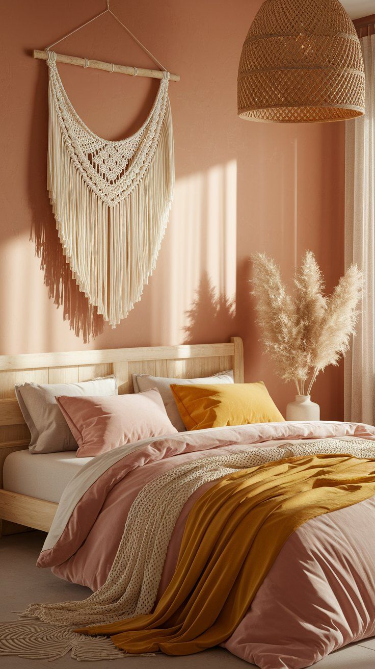 A serene boho bedroom with a soft peachy-pink accent wall, light wooden bed frame, macramé wall hanging, pampas grass in a white vase, and bedding in muted blush and mustard tones layered with cozy textures.