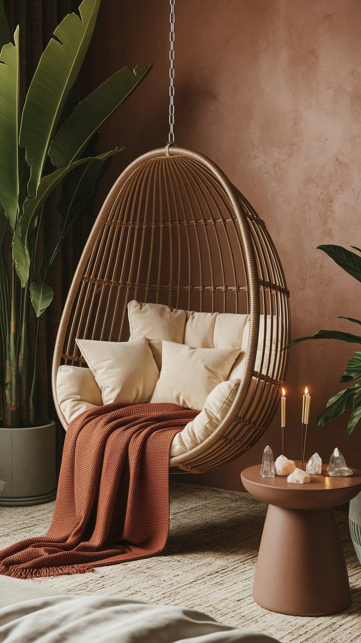 A cozy bohemian reading nook featuring a rattan hanging egg chair filled with neutral pillows, a rust-colored throw blanket, a round terracotta side table with candles and crystals, and large green plants surrounding the space.
