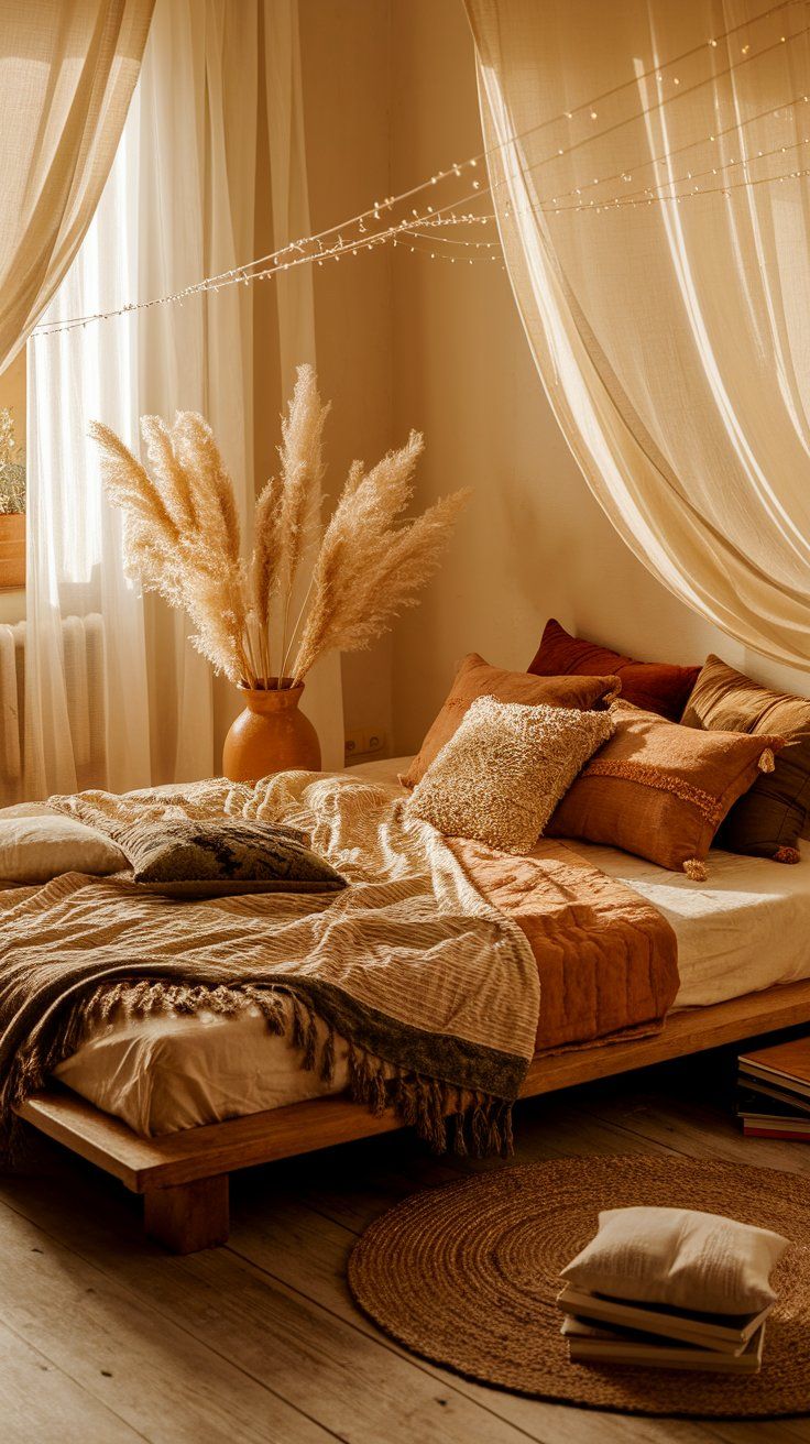 A warm, earthy-toned boho bedroom with a low wooden platform bed layered in rust, taupe, and beige throws and pillows, surrounded by sheer curtains, pampas grass, a round jute rug, and twinkling string lights.