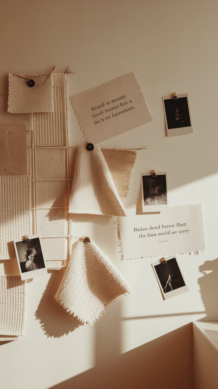 A softly lit mood board on a beige wall, featuring textured white fabric swatches, black-and-white Polaroid-style photos, and two torn-paper quotes with serif type. One quote reads, “Mind is many times brighter than a torch of sunshine.”