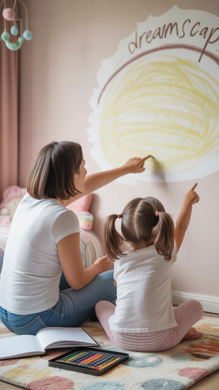 A mother and daughter sit on a patterned rug, coloring a sun mural on the wall with yellow crayon, under the handwritten word “dreamscape.” In front of them lies an open sketchbook and a tray of colorful oil pastels, creating a warm and creative bonding moment in a cozy bedroom setting.