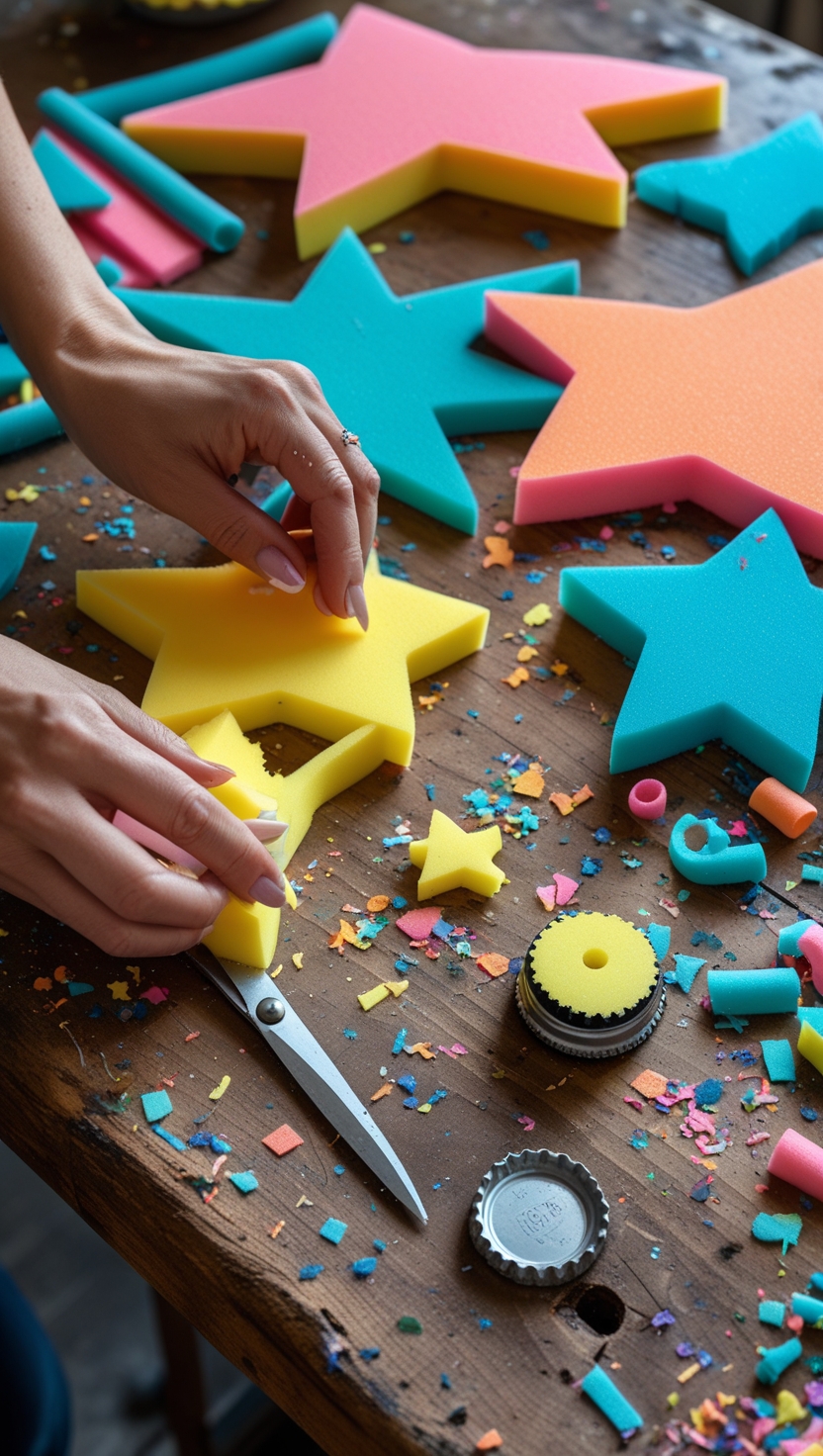 Close-up of hands crafting colorful foam star stamps using scissors and multicolored foam sheets on a messy wooden table, surrounded by confetti-like foam scraps and stamping tools. Brightly colored stars in yellow, blue, pink, and orange are visible, showcasing a hands-on DIY project in progress.