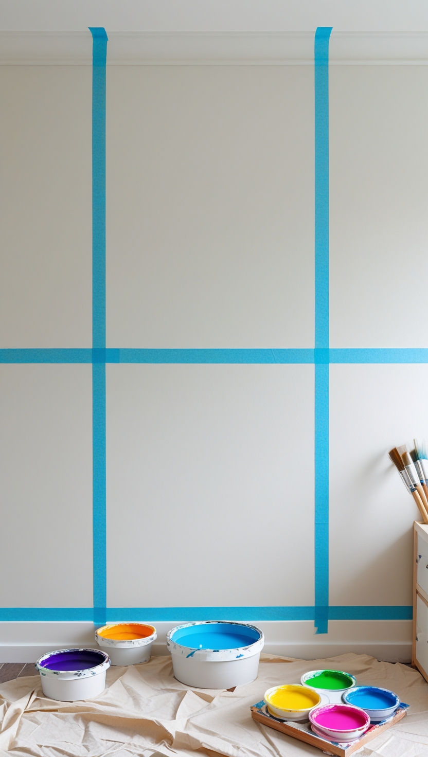 A blank white wall is sectioned off with blue painter’s tape in a grid pattern, preparing for a mural painting. On the floor are open paint buckets in vibrant colors including blue, yellow, pink, green, orange, and purple, along with paintbrushes and a protective drop cloth.