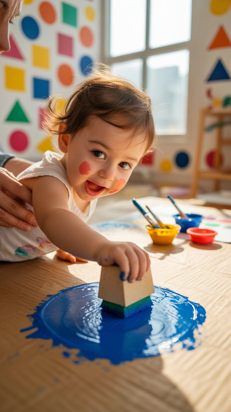 A smiling toddler with paint on her cheeks presses a foam stamp into bright blue paint on a cardboard surface, surrounded by colorful paint cups and brushes. The background shows a wall decorated with vibrant geometric shapes, adding a playful and artistic vibe to the space.