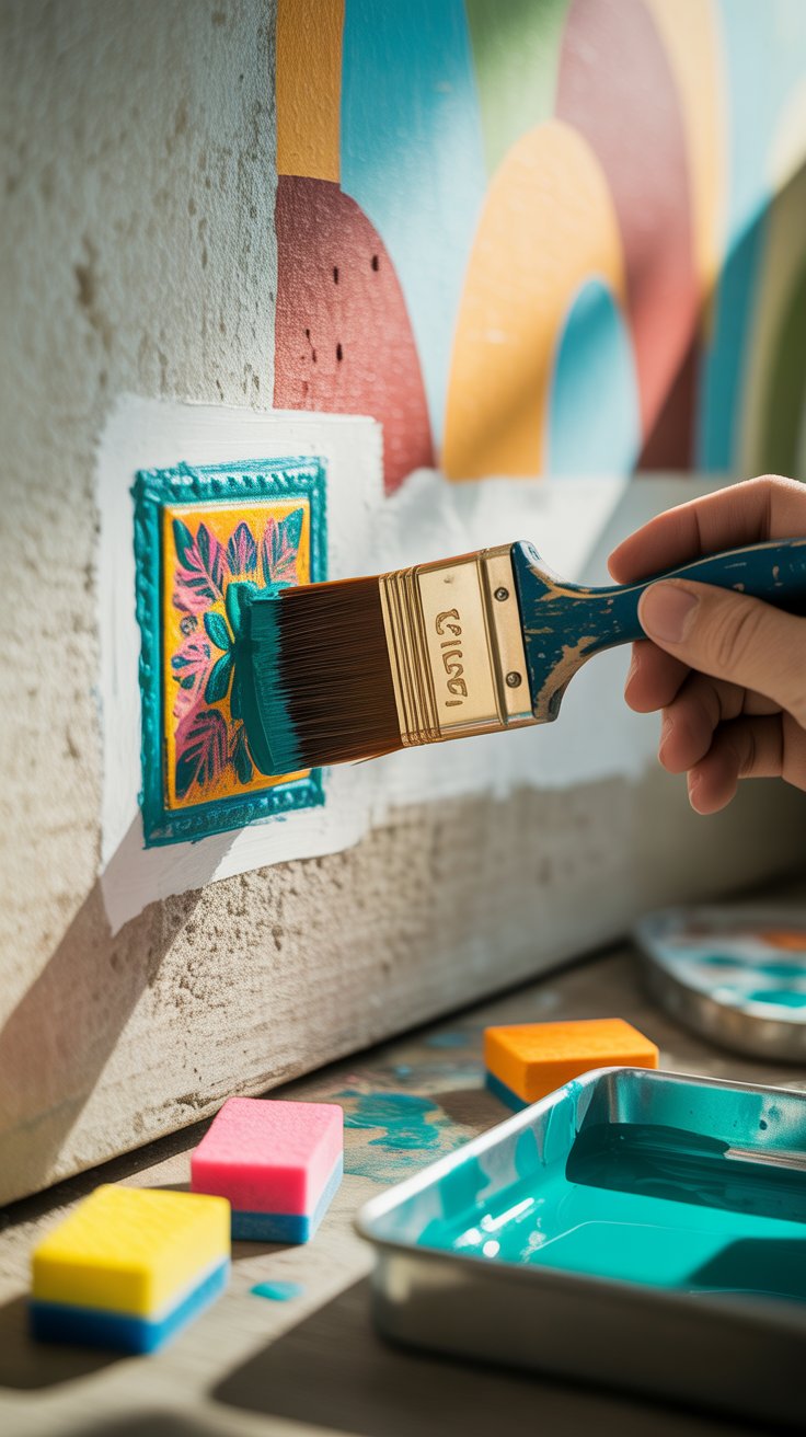 A close-up of a hand painting over a colorful floral foam stamp on a textured wall using a flat brush dipped in teal paint. Surrounding the work area are various foam stamps in bright colors and a metal tray filled with teal paint, capturing the detail and creativity of DIY mural painting.