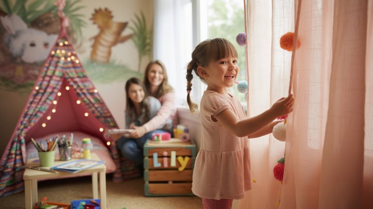A cheerful little girl in a pink dress smiles as she opens pink curtains adorned with colorful pom-poms in a cozy, well-decorated kids’ bedroom. In the background, a woman and another child sit near a colorful play tent with string lights, surrounded by art supplies and a wooden crate labeled "Lily," creating a warm and playful atmosphere.