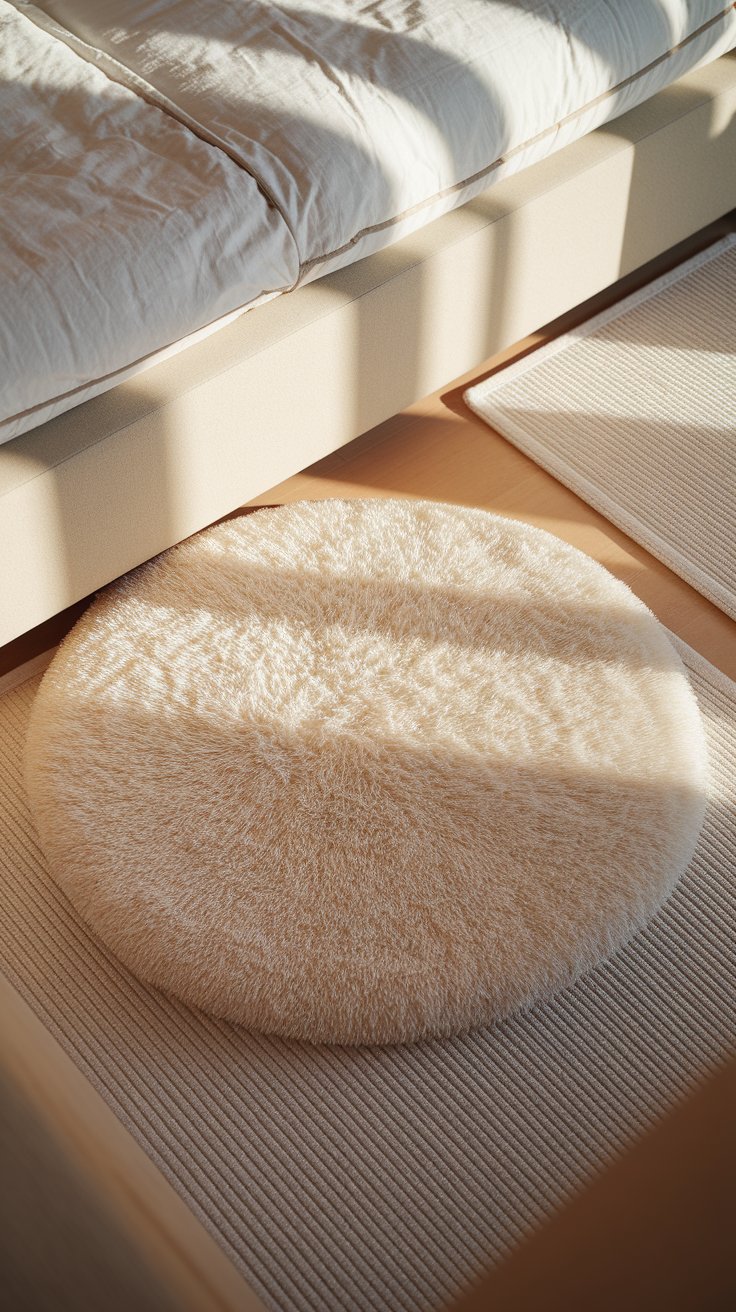 A cozy, minimal bedroom scene with a fluffy round white rug placed over a ribbed rectangular one, both layered beside a low-profile cream bed bathed in warm sunlight.