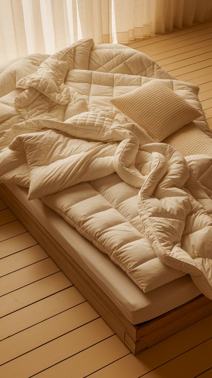 A simple, rustic bed setup with thick white quilts and a textured pillow casually layered over a low platform mattress on pale wood floors, drenched in soft curtain-filtered daylight.