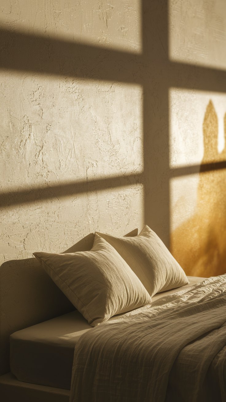 A tranquil, sunlit bedroom corner featuring two off-white pillows on a low bed against a textured limewashed wall with subtle brush marks and soft natural light.