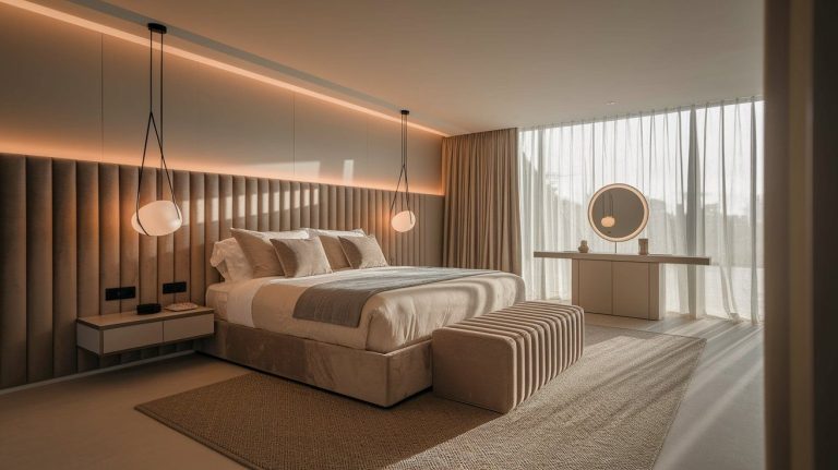 Elegant master bedroom with a warm, neutral palette featuring a king-size bed with beige and taupe bedding, a ribbed velvet headboard, and matching bench. Soft ambient lighting, pendant lights, and sheer floor-to-ceiling curtains create a serene atmosphere, complemented by a floating vanity with a round mirror and a glowing backlight.