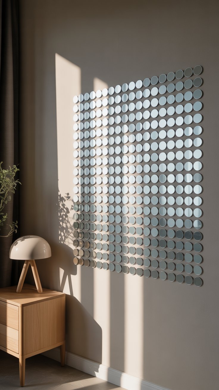 A large wall grid made of small round stick-on mirrors arranged in neat rows reflects light in a modern, geometric pattern. Positioned in a sunlit corner above a minimalist wooden nightstand and sculptural lamp, the mirrored dots create a dynamic visual texture on the neutral-toned wall.