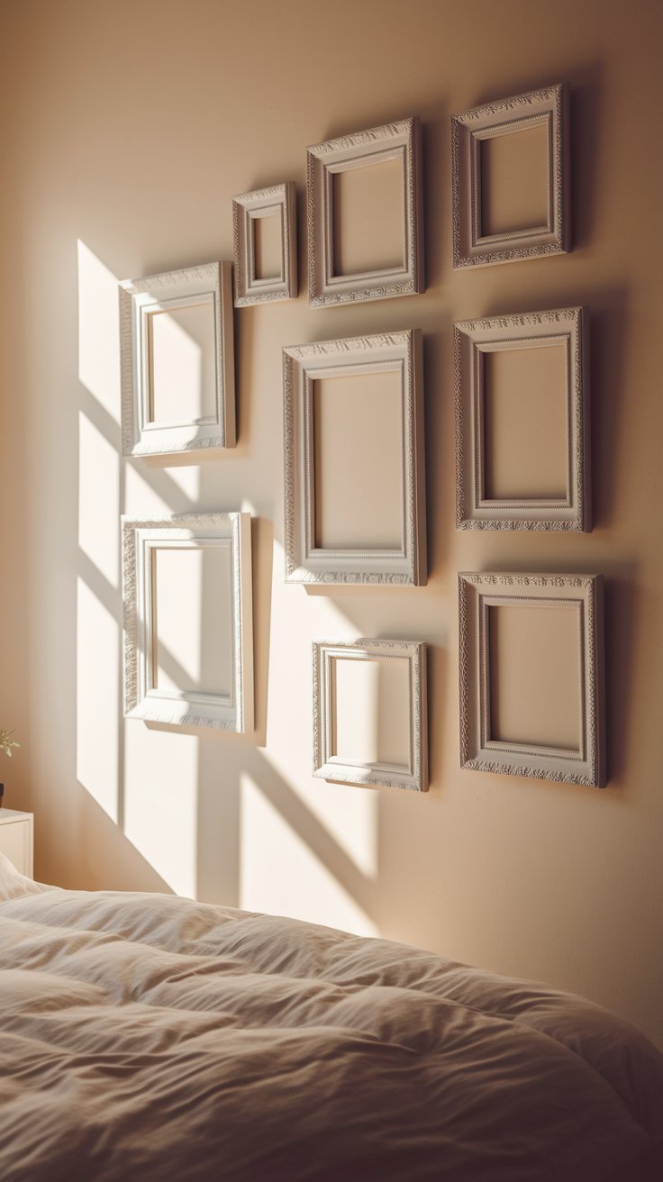 Empty ornate white picture frames in various sizes arranged gallery-style on a warm-toned bedroom wall, casting sharp sunlight shadows across the bed below.
