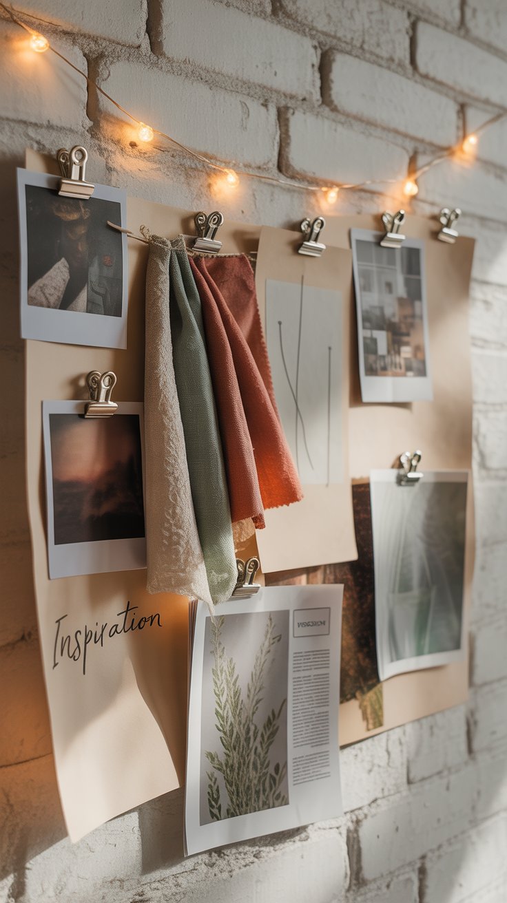 A cozy mood board setup against a white brick wall, featuring beige paper sheets clipped with Polaroid photos, fabric swatches in muted tones, minimal sketches, and a print labeled “Inspiration.” Warm string lights hang above, casting a soft glow and enhancing the inviting, artistic ambiance.