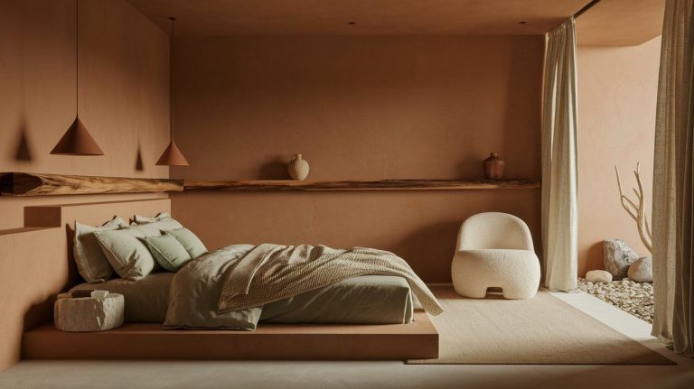 A cozy modern bedroom designed in earthy tones, featuring a low platform bed with muted green bedding and a beige knit blanket. Warm terracotta walls are complemented by a floating wooden shelf holding two minimalist vases, and a sculptural cream boucle chair sits by a curtain-draped window opening onto a stone garden with desert-style decor.