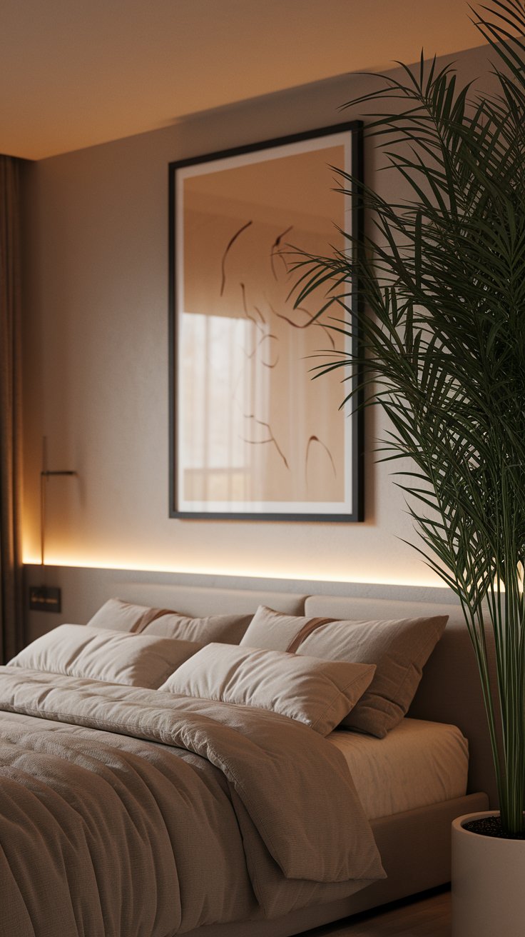 A minimalist bedroom with a large black and white abstract art piece slightly off-center above the headboard. A tall palm plant adds greenery, while backlit molding casts ambient light across the wall.