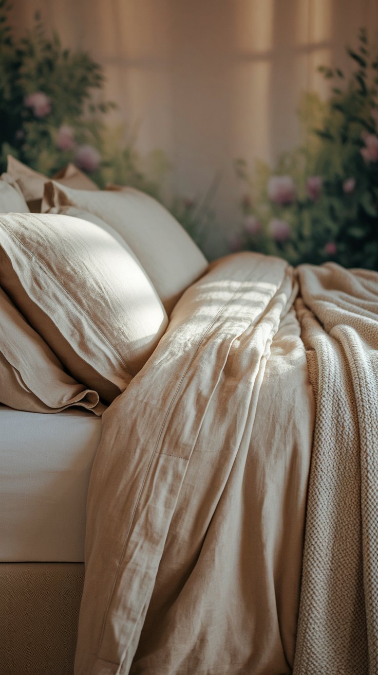 A softly wrinkled linen bedspread in beige tones lies atop a bed, with light filtering in to highlight the texture. The mural-style floral wallpaper behind the bed adds depth and whimsy.