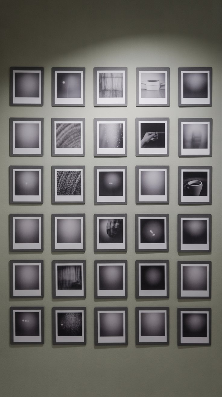A grid of 30 Polaroid-style black-and-white photos arranged in six rows of five, mounted on a pale green wall. Most images are abstract or blurred with circular gradients, though a few depict discernible subjects like a curtain, a cup, textured fabric, a hand holding thread, and droplets on glass. The overall composition has a minimalist, moody aesthetic with soft lighting.