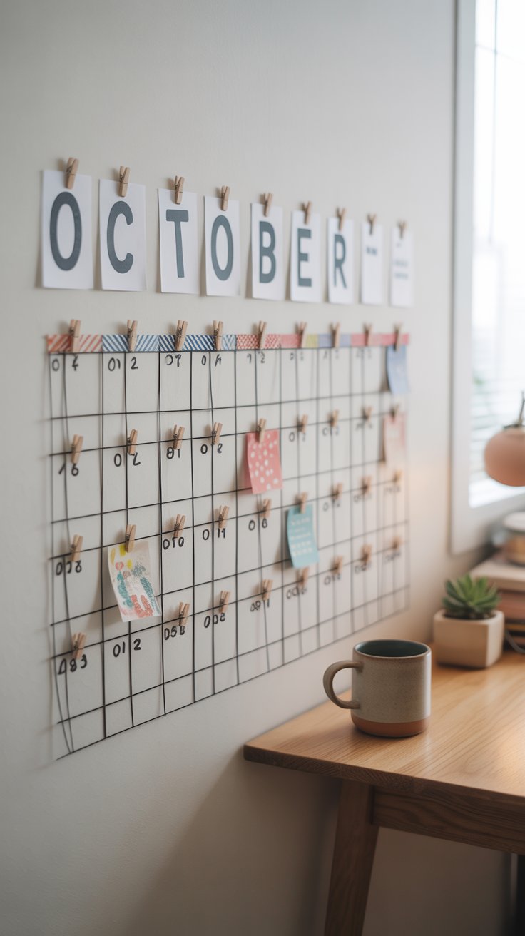 A large DIY wall calendar made from washi tape outlines and mini clothespins displays the month of October, with each day marked on individual cards. Some dates hold colorful notes or drawings, and the setup hangs above a wooden desk with a ceramic mug and a small potted succulent, bathed in natural light.