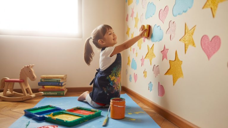 A young girl kneels on the floor, joyfully stamping colorful shapes onto a wall covered with painted stars, hearts, and clouds, wearing a paint-splattered apron. Around her are open paint trays, a jar of orange paint, a paintbrush, a wooden rocking horse, and a stack of children’s books near a bright sunlit window, creating a playful and creative atmosphere.