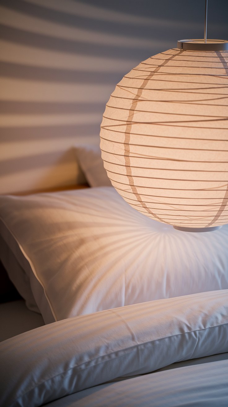 Close-up of a spherical, ribbed paper pendant lamp glowing warmly above white bedding, casting soft shadows on the pillows and wall behind it.