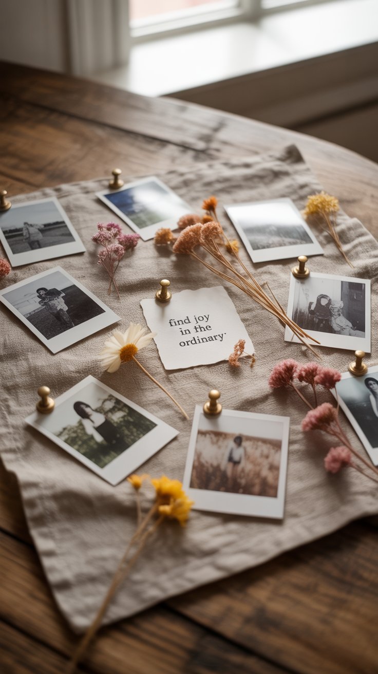 A cozy flat lay scene featuring a soft beige linen cloth on a wooden table, topped with Polaroid photos, dried flowers in warm tones, and brass pins. At the center is a small paper card with the handwritten quote, “find joy in the ordinary,” creating a nostalgic and heartfelt visual mood.