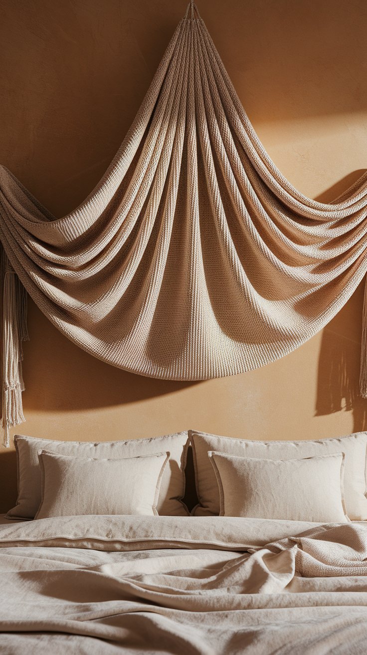 A large textured beige knit throw is artfully draped on the wall above a bed, giving the illusion of soft sculptural waves. The tone-on-tone color scheme makes the textile pop through shadow play.