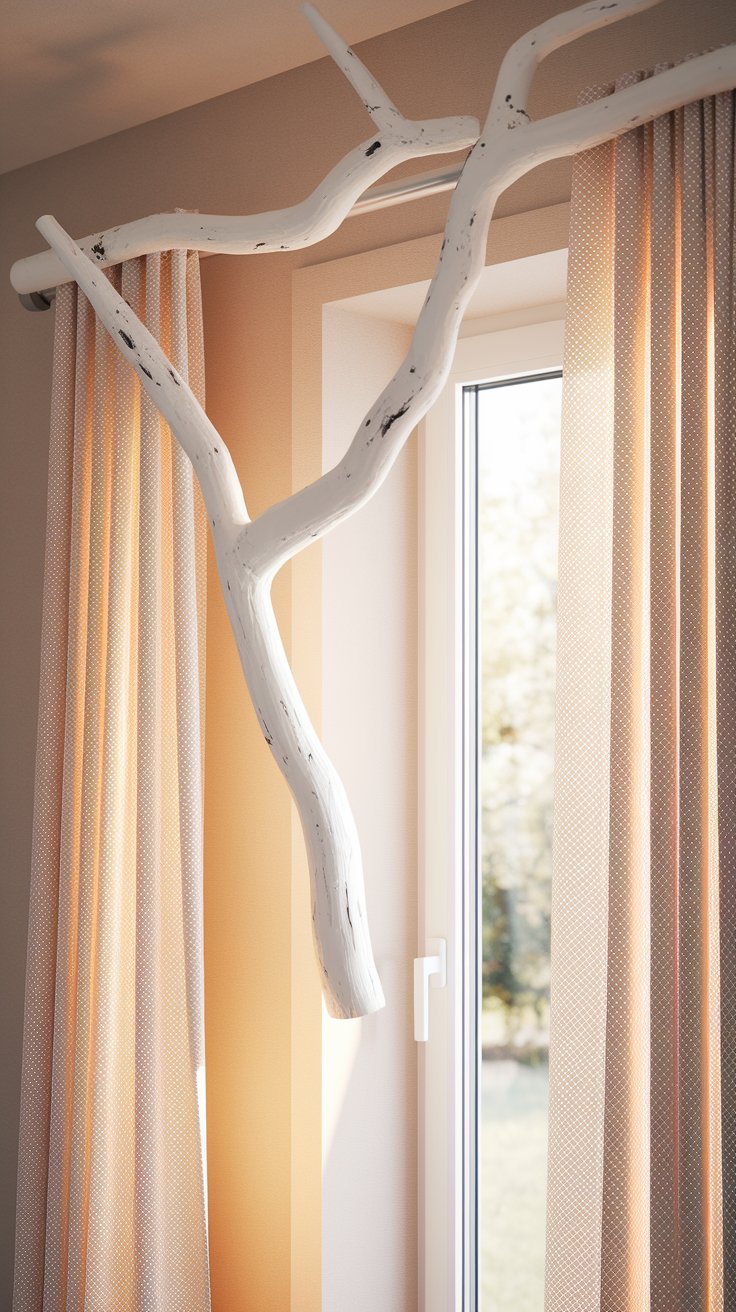 A rustic white-painted tree branch mounted horizontally above a window, used as a creative curtain rod holding soft peach-toned patterned drapes in a sunlit room.
