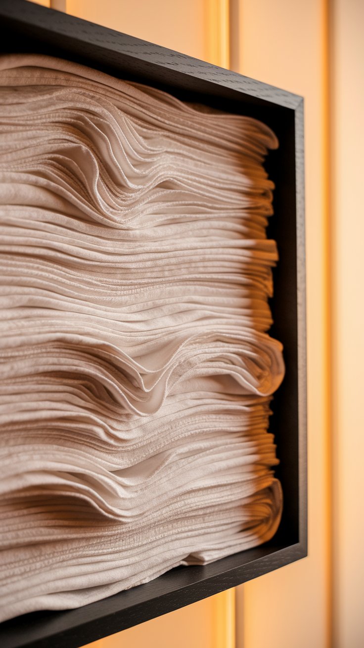 Close-up of a black shadowbox frame packed tightly with layers of gently folded white linen, creating a sculptural wave effect against a warm-toned wall.