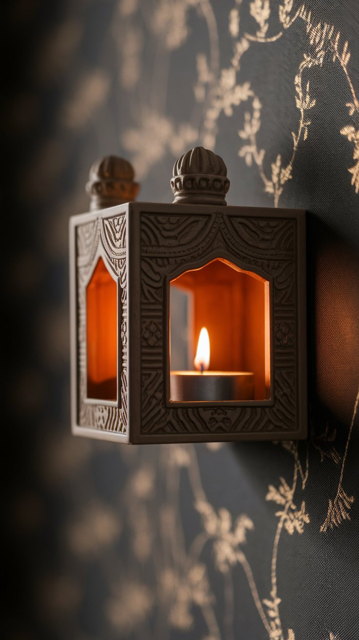 A decorative wall-mounted shadowbox lantern with intricate carved details housing a single lit tea light candle, against a wallpapered wall with golden floral accents.