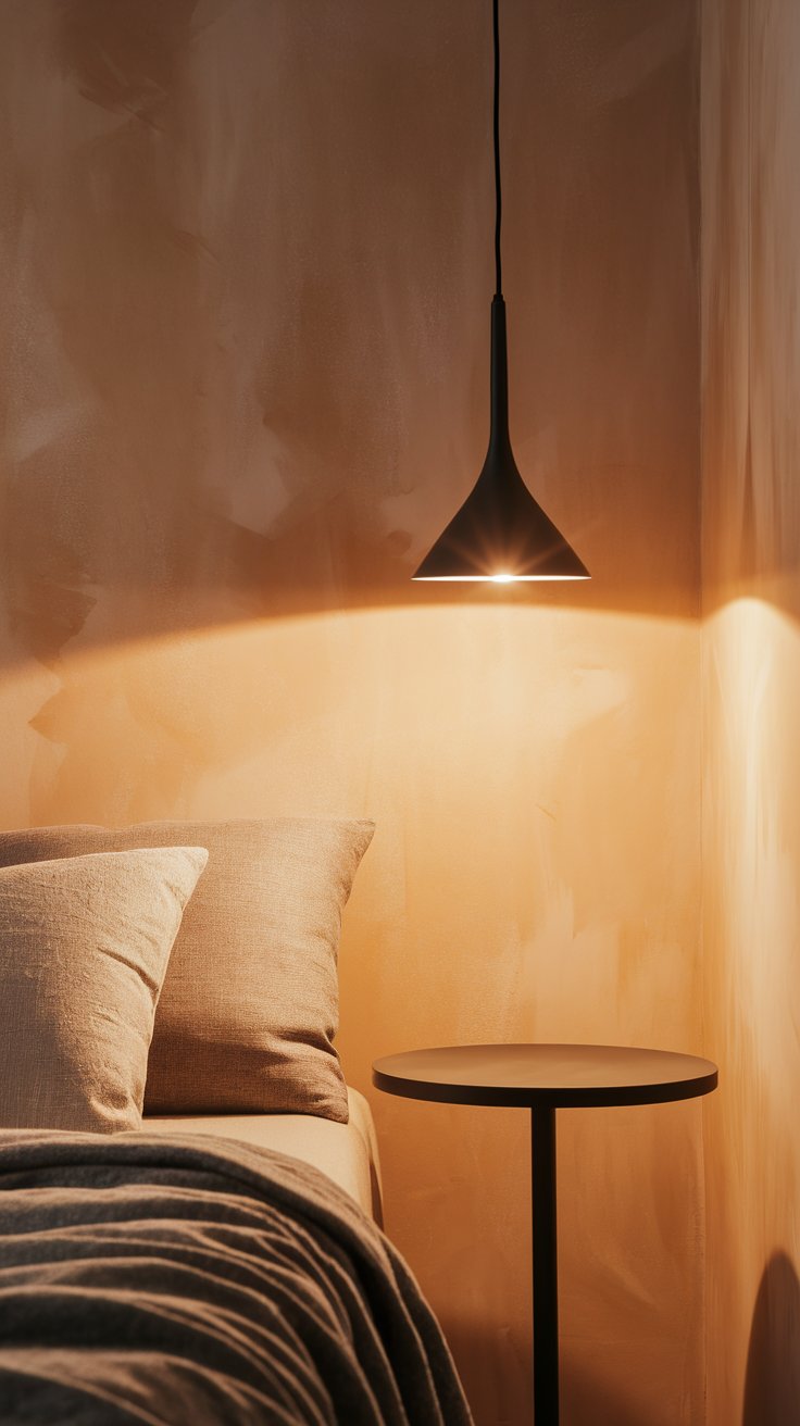 A modern black pendant light casts a soft glow over a minimalist round side table and beige bedding. The smooth textured wall adds depth to the cozy, contemporary vibe.