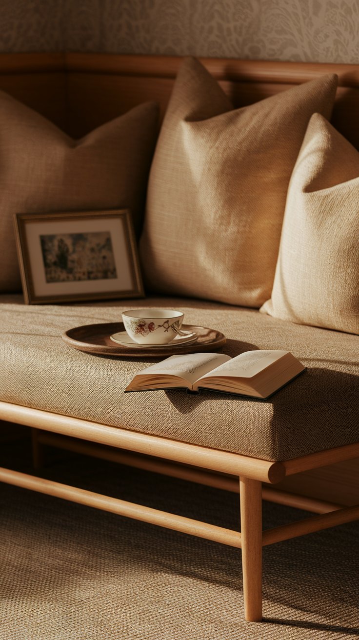 Neutral-toned daybed with a textured cushion, large tan pillows, a framed photo, a floral teacup on a wooden tray, and an open book, all bathed in warm sunlight.