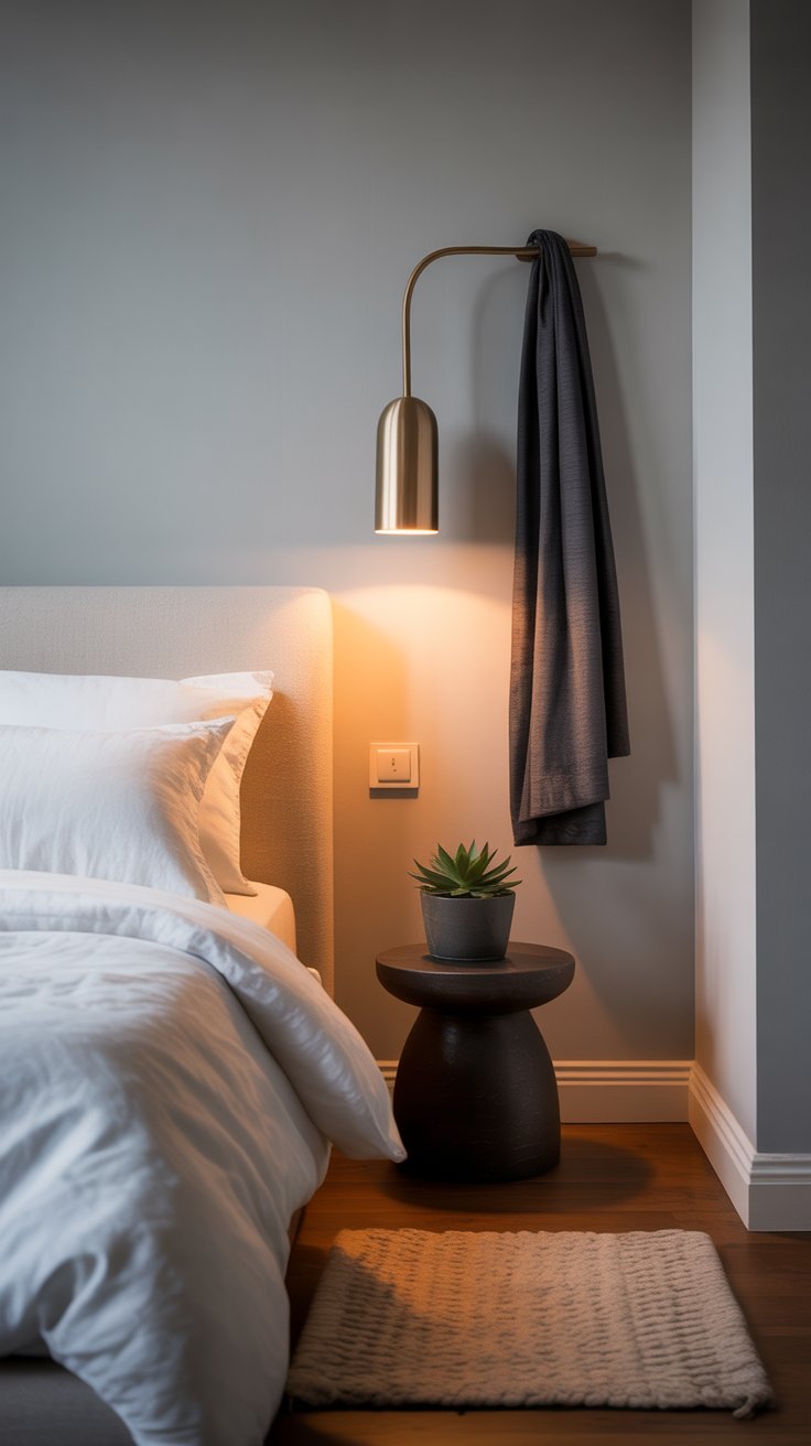 A cozy bedside setup with a soft, neutral-toned bed dressed in white linens, beside a round black side table holding a small potted succulent. A modern brass wall sconce with a curved arm and plug-in bulb casts a warm glow, with a dark gray throw draped over its arm, adding a touch of contemporary style.