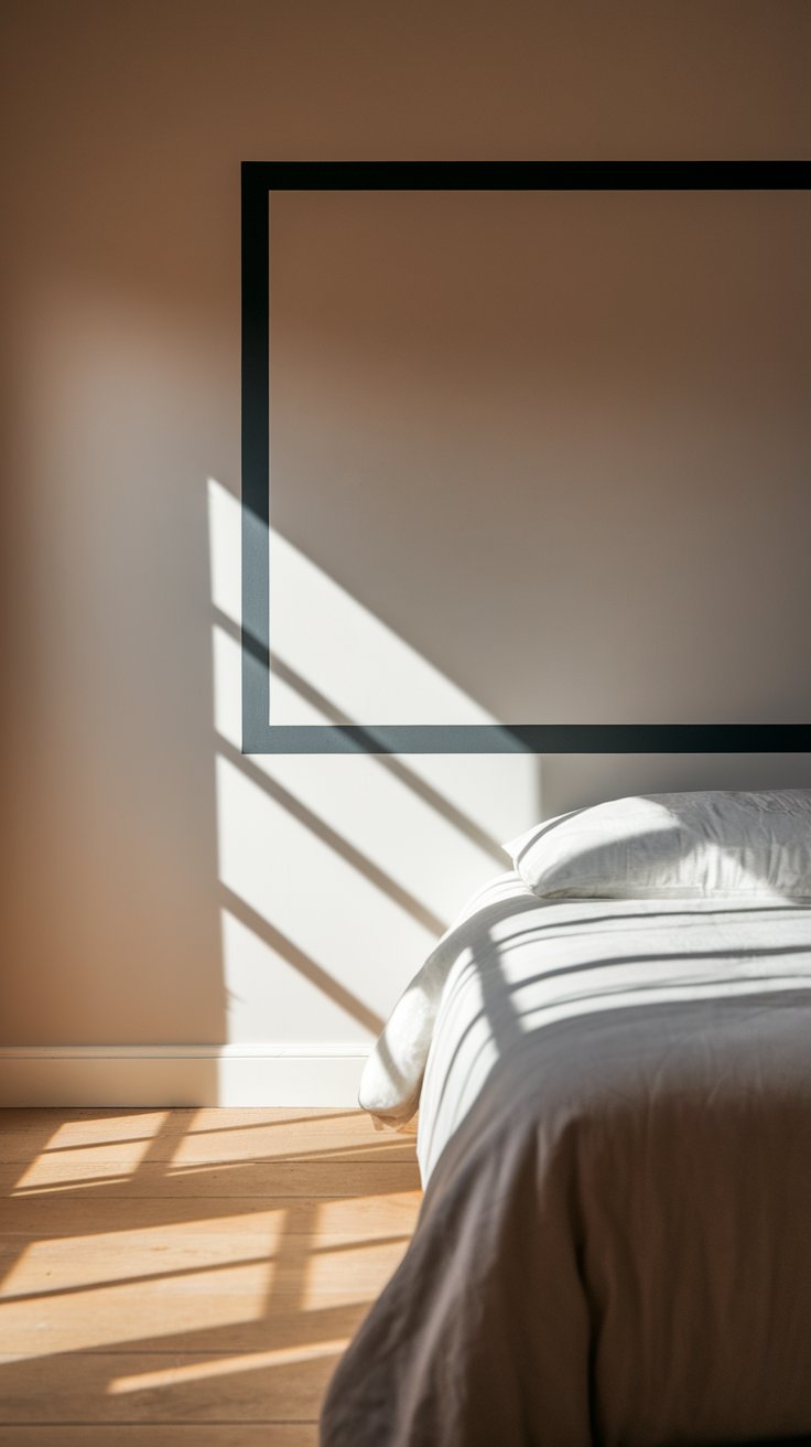 A simple black tape border is applied to the wall above a bed with beige sheets, mimicking the look of a picture frame. Light from a window casts dramatic shadows across the floor and wall.