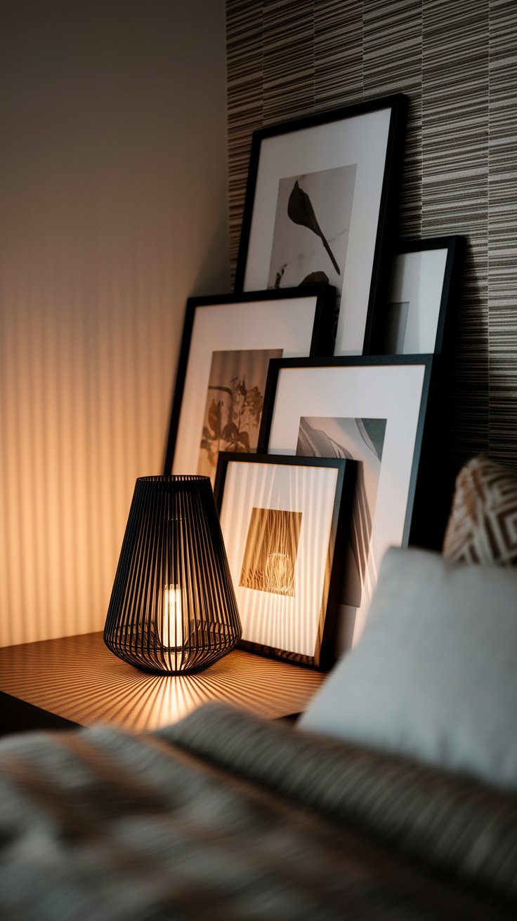 A group of black-framed minimalist art prints leaning against a wall on the floor, softly lit by a modern wireframe lamp casting linear shadows.