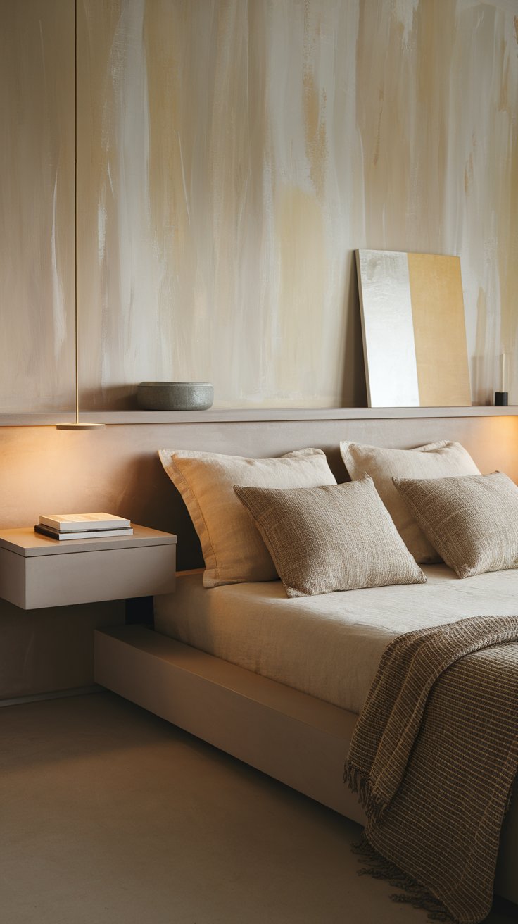 A low-profile modern bed with beige bedding and textured pillows, flanked by floating nightstands and soft lighting, set against a painted abstract wall with earth-toned hues.