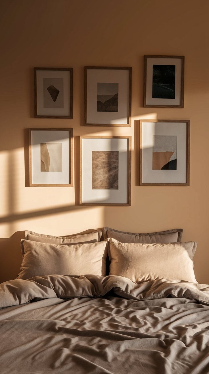 A grid of six framed abstract prints arranged over a beige bed with taupe pillows, all bathed in natural golden hour sunlight.