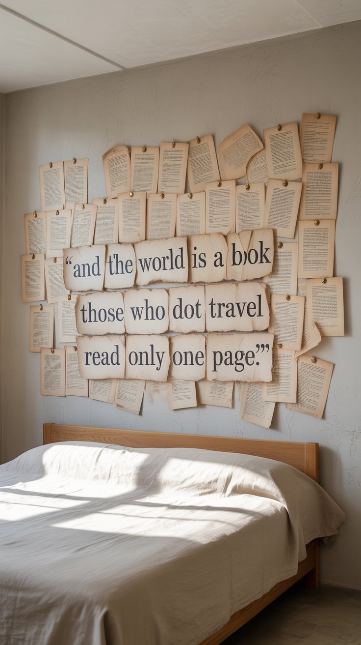A creative wall art installation above a bed features aged book pages pinned in a collage, layered behind large torn paper sheets spelling out a quote: “and the world is a bok those who dot travel read only one page.” The words are artistically styled, though the quote contains charming misspellings of “book” and “do.” Warm natural light and neutral bedding enhance the cozy, vintage aesthetic.