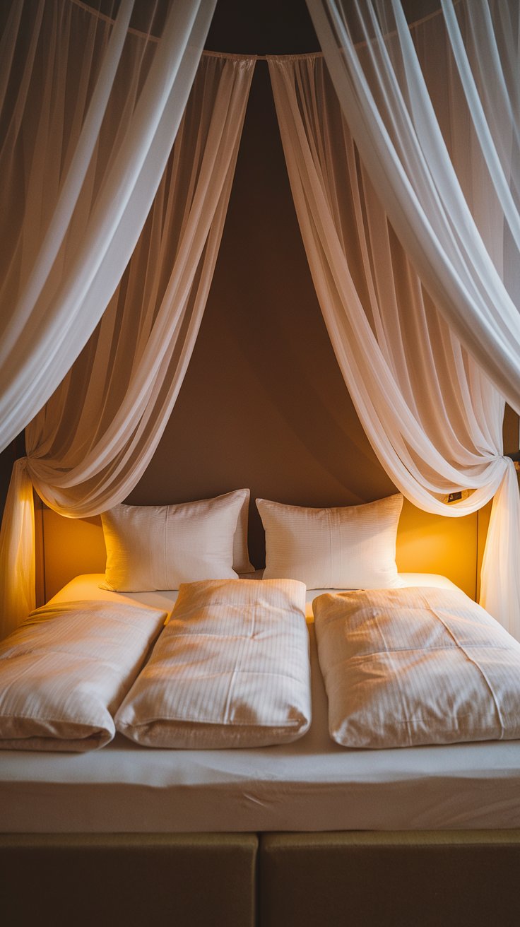 A cozy bed scene with soft white sheers draped from the ceiling like an inverted canopy, enveloping a pair of neatly arranged white pillows and comforters under a warm ambient glow.