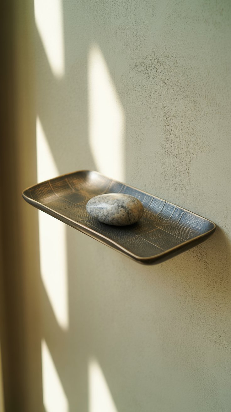 A single smooth gray stone rests on a textured, rectangular tray mounted on a light-colored wall. Bathed in natural sunlight and casting soft shadows, the setup exudes a serene, minimalist aesthetic with a hint of wabi-sabi elegance.