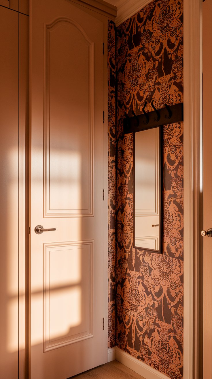 A warmly lit hallway corner with a white paneled door and a full-length mirror reflecting the same door, set against ornate dark wallpaper with copper floral detailing.