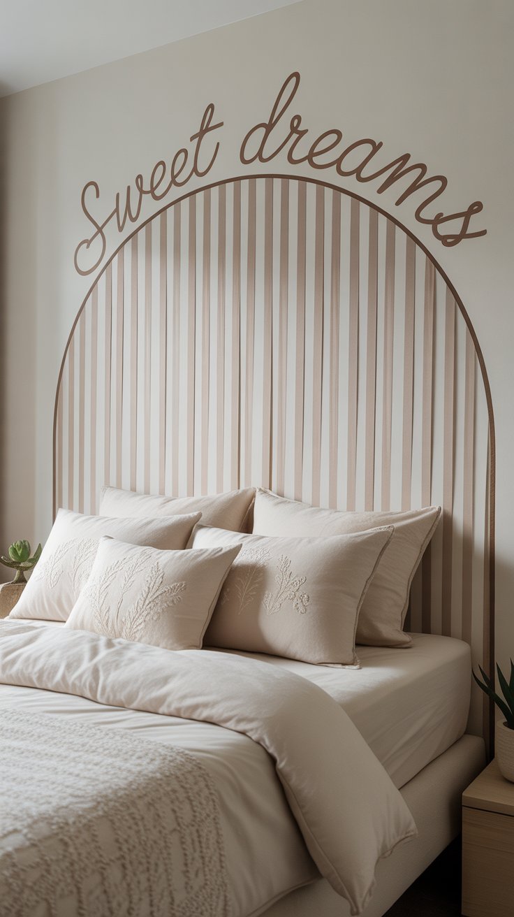 A serene, neutral-toned bed with embroidered cream pillows and a textured throw sits against a wall featuring a large arch mural made of vertical washi tape stripes. Above the arch, the phrase “Sweet dreams” is written in flowing script, creating a soothing and personalized headboard effect.