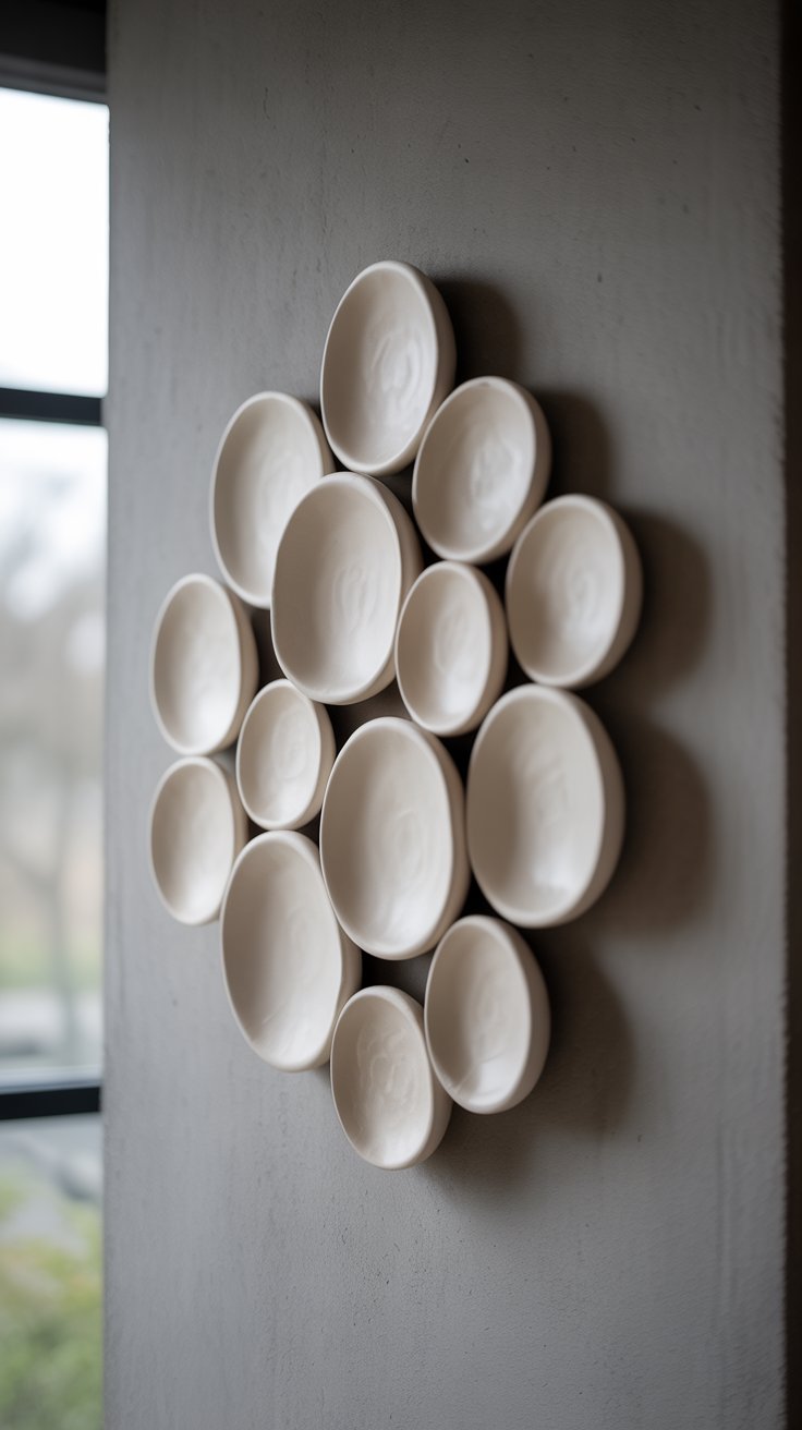 A cluster of smooth, matte white ceramic discs of varying sizes arranged in an organic, rounded pattern on a neutral-toned wall. The wall art installation has a soft, sculptural quality, with each disc slightly concave and subtly reflecting natural light from a nearby window.