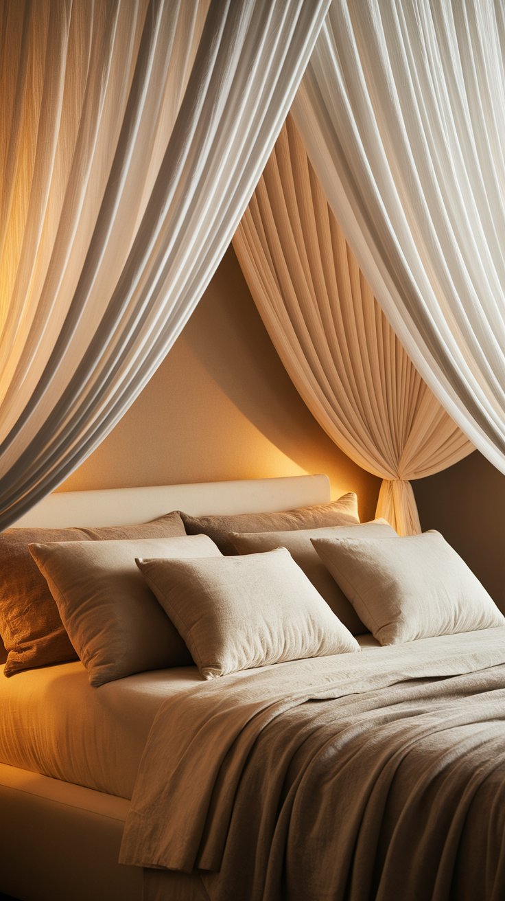 A dreamy bed setup framed by flowing white canopy curtains, with a padded slipcovered headboard and neutral-toned linens creating a soft, serene space.