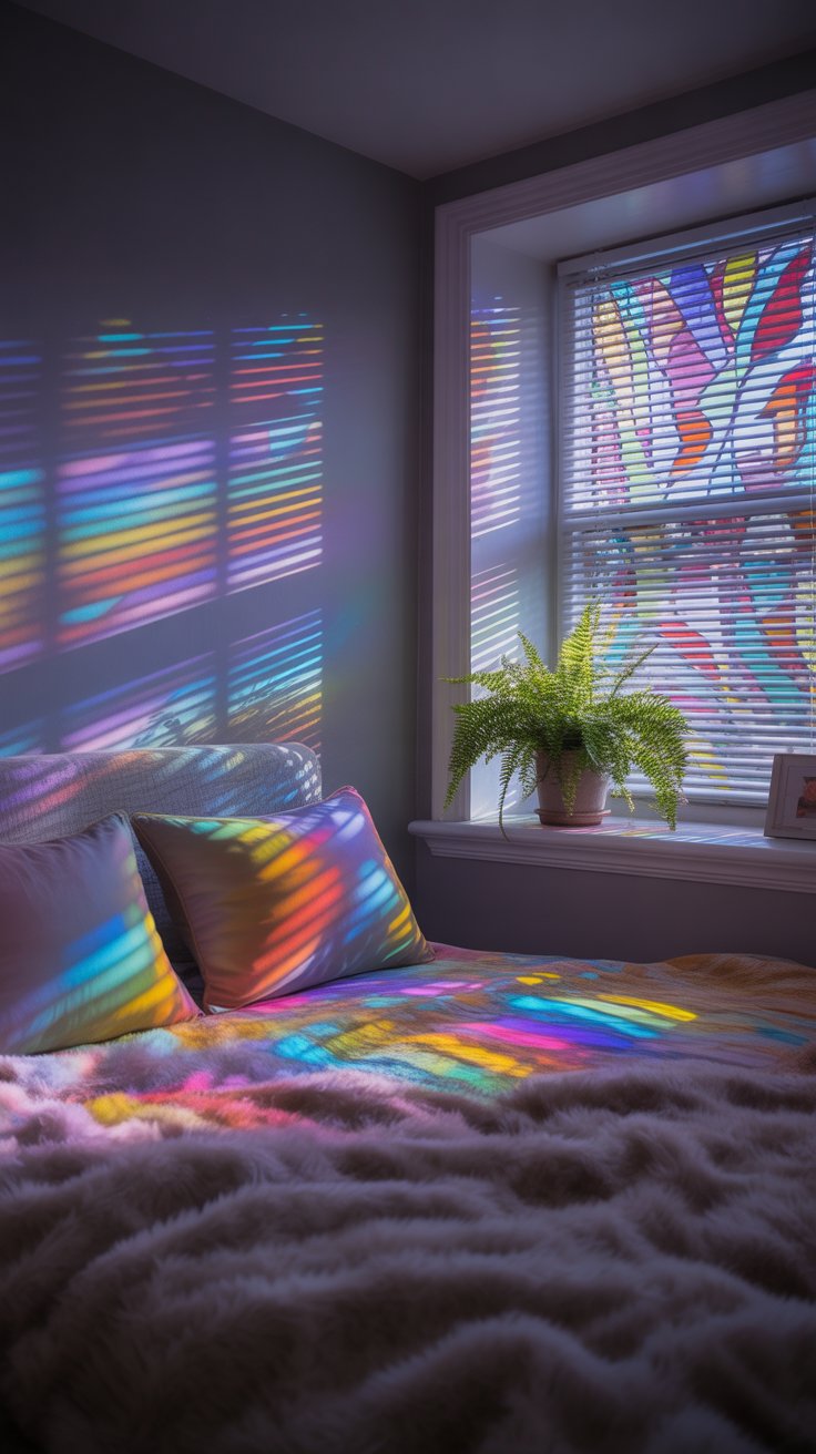 Use Stained Glass Film on Bedroom Windows for a Rainbow Glow